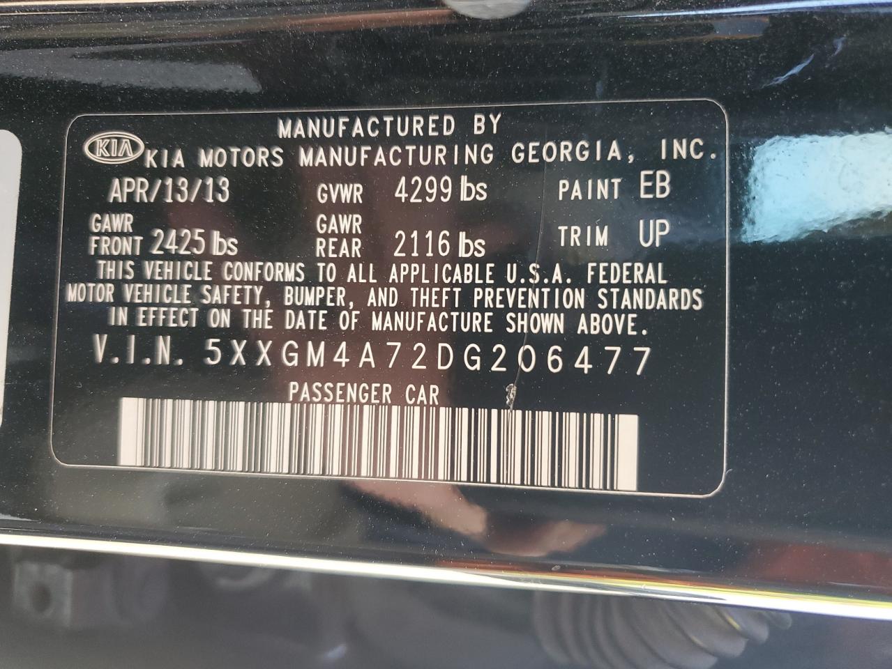 5XXGM4A72DG206477 2013 Kia Optima Lx