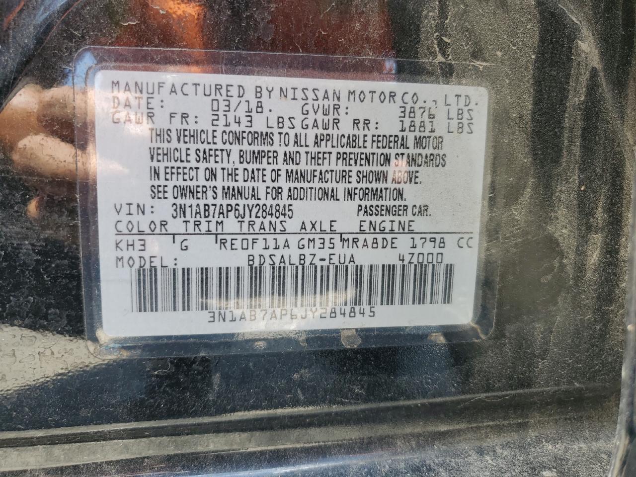 3N1AB7AP6JY284845 2018 Nissan Sentra S