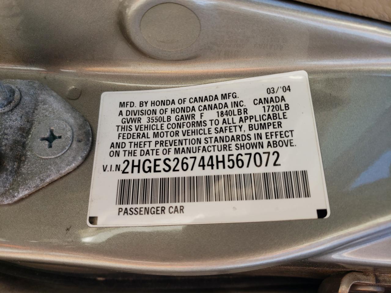 2HGES26744H567072 2004 Honda Civic Ex