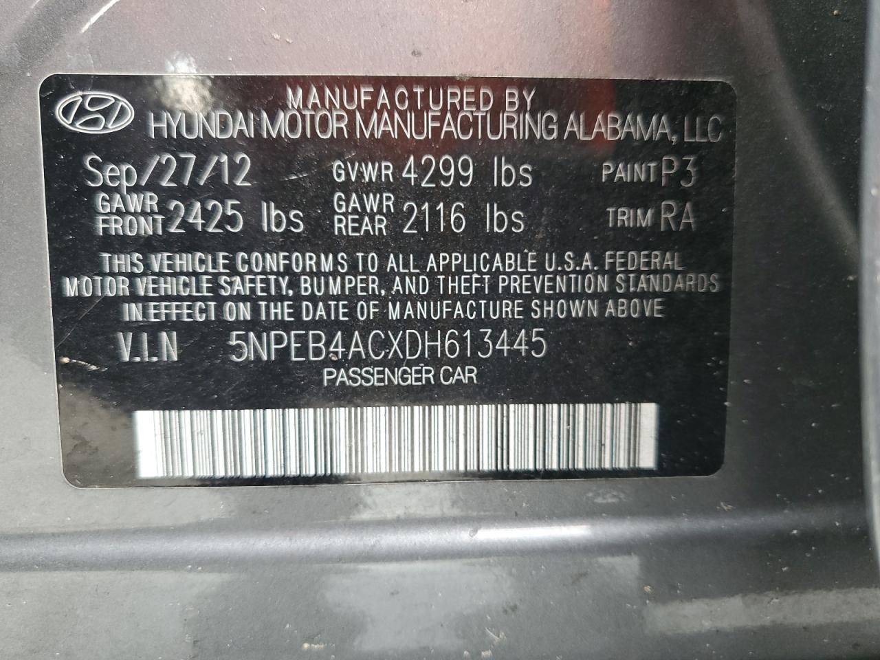 5NPEB4ACXDH613445 2013 Hyundai Sonata Gls