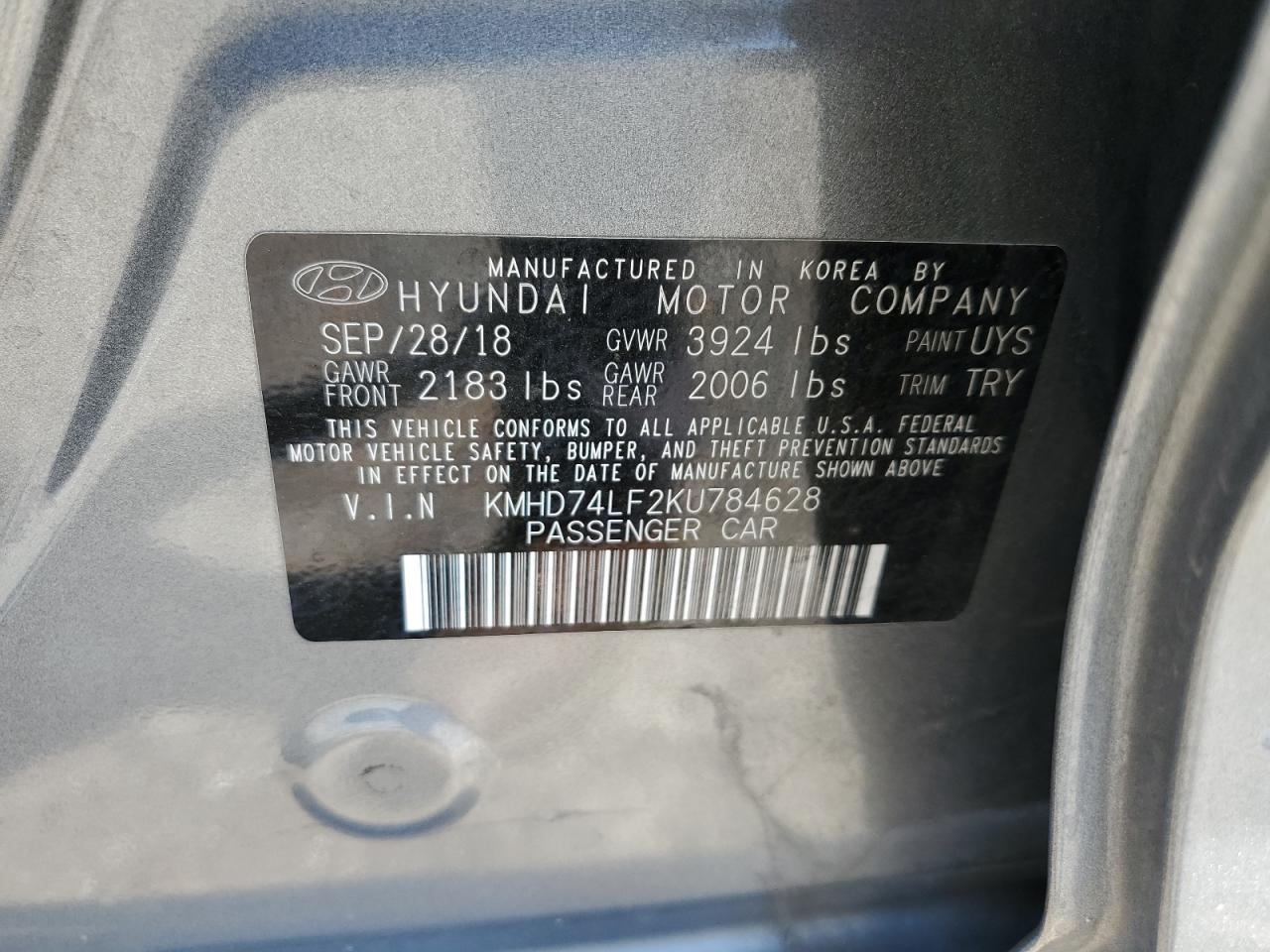 KMHD74LF2KU784628 2019 Hyundai Elantra Se