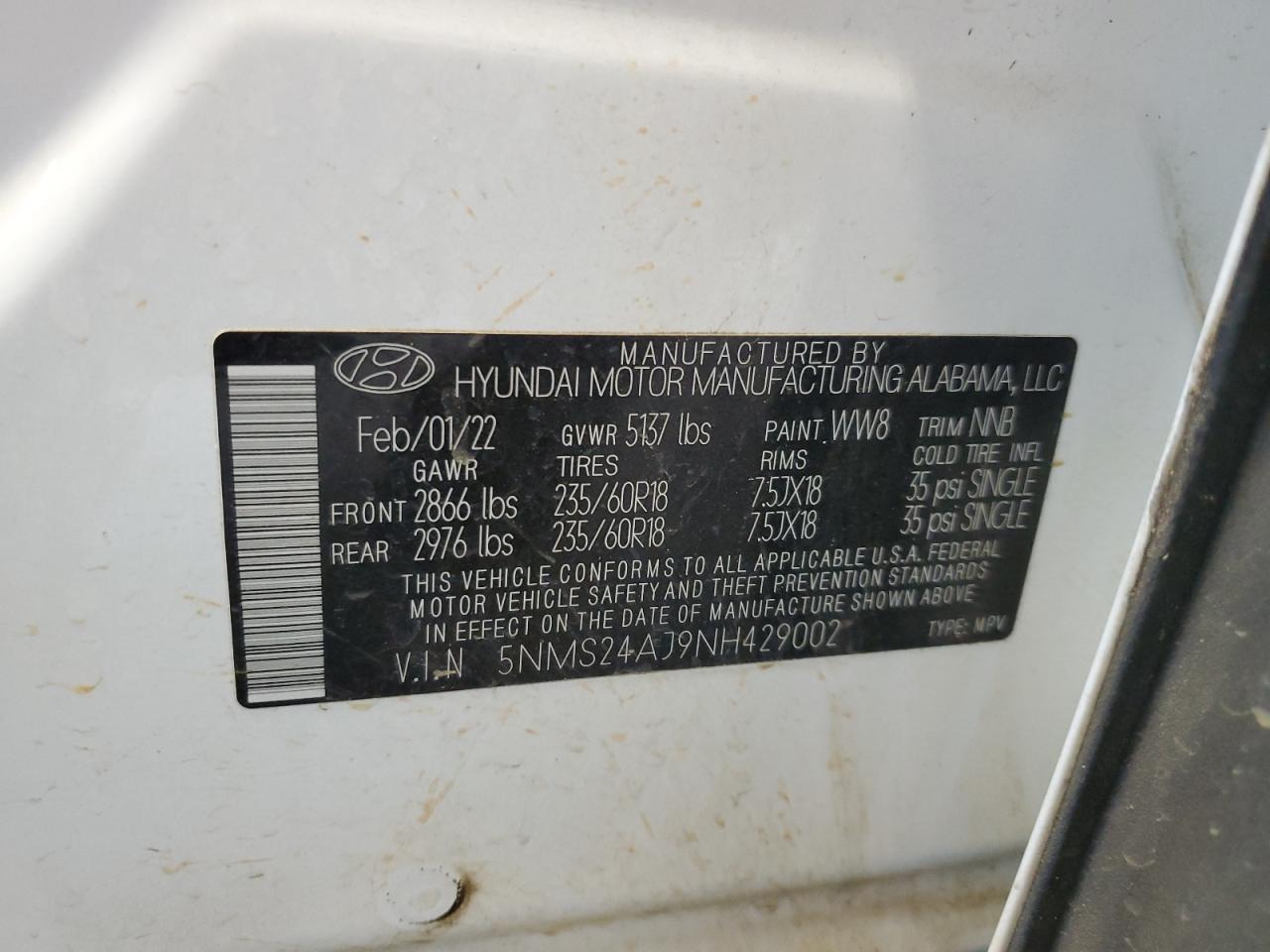 5NMS24AJ9NH429002 2022 Hyundai Santa Fe Sel