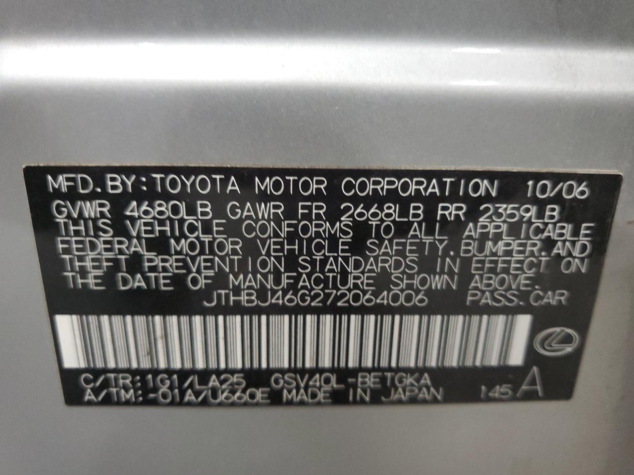 JTHBJ46G272064006 2007 Lexus Es 350