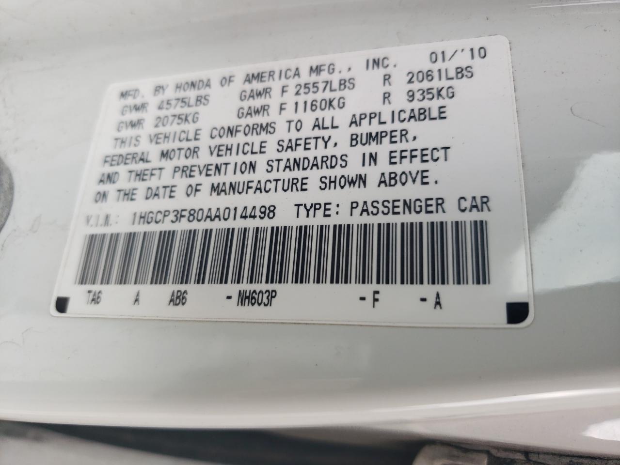1HGCP3F80AA014498 2010 Honda Accord Exl