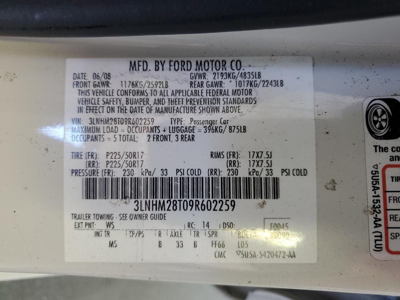 3LNHM28T09R602259 2009 Lincoln Mkz