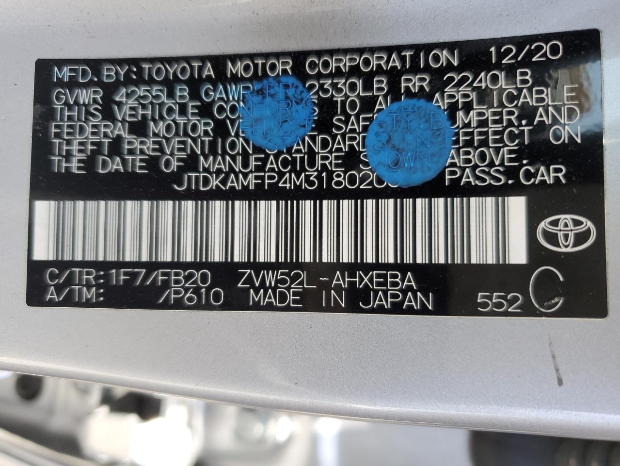 JTDKAMFP4M3180203 2021 Toyota Prius Prime Le