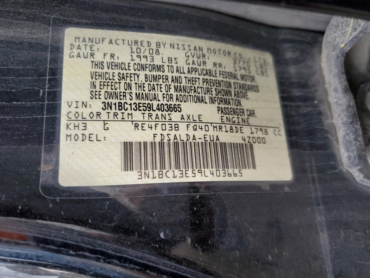 3N1BC13E59L403665 2009 Nissan Versa S