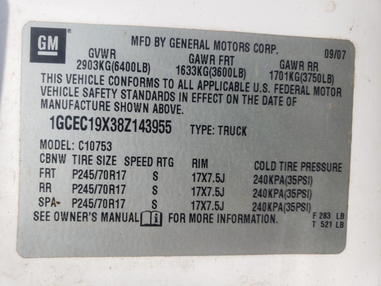 1GCEC19X38Z143955 2008 Chevrolet Silverado C1500