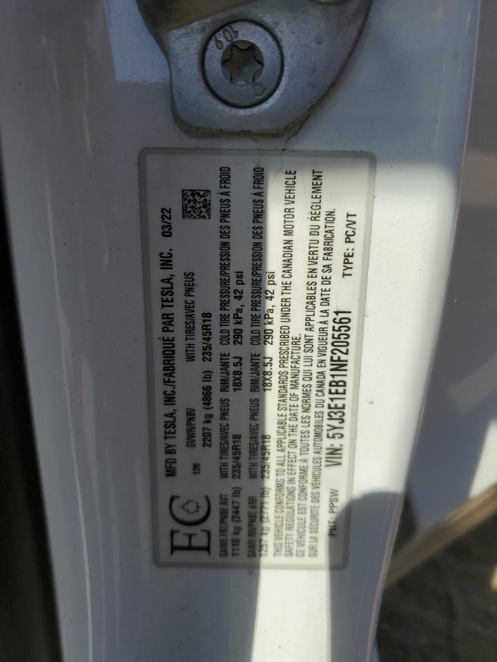 5YJ3E1EB1NF205561 2022 Tesla Model 3