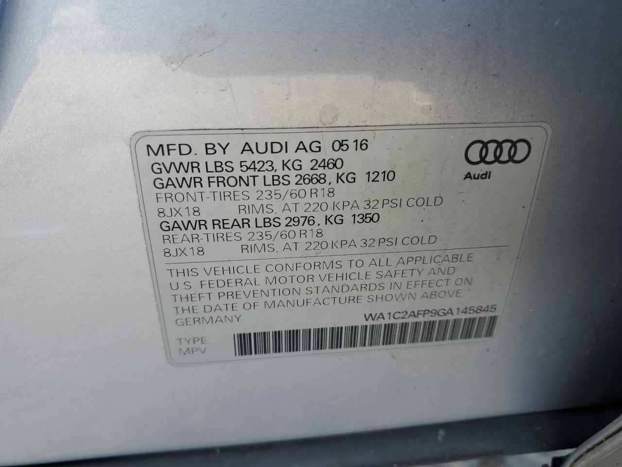 WA1C2AFP9GA145845 2016 Audi Q5 Premium