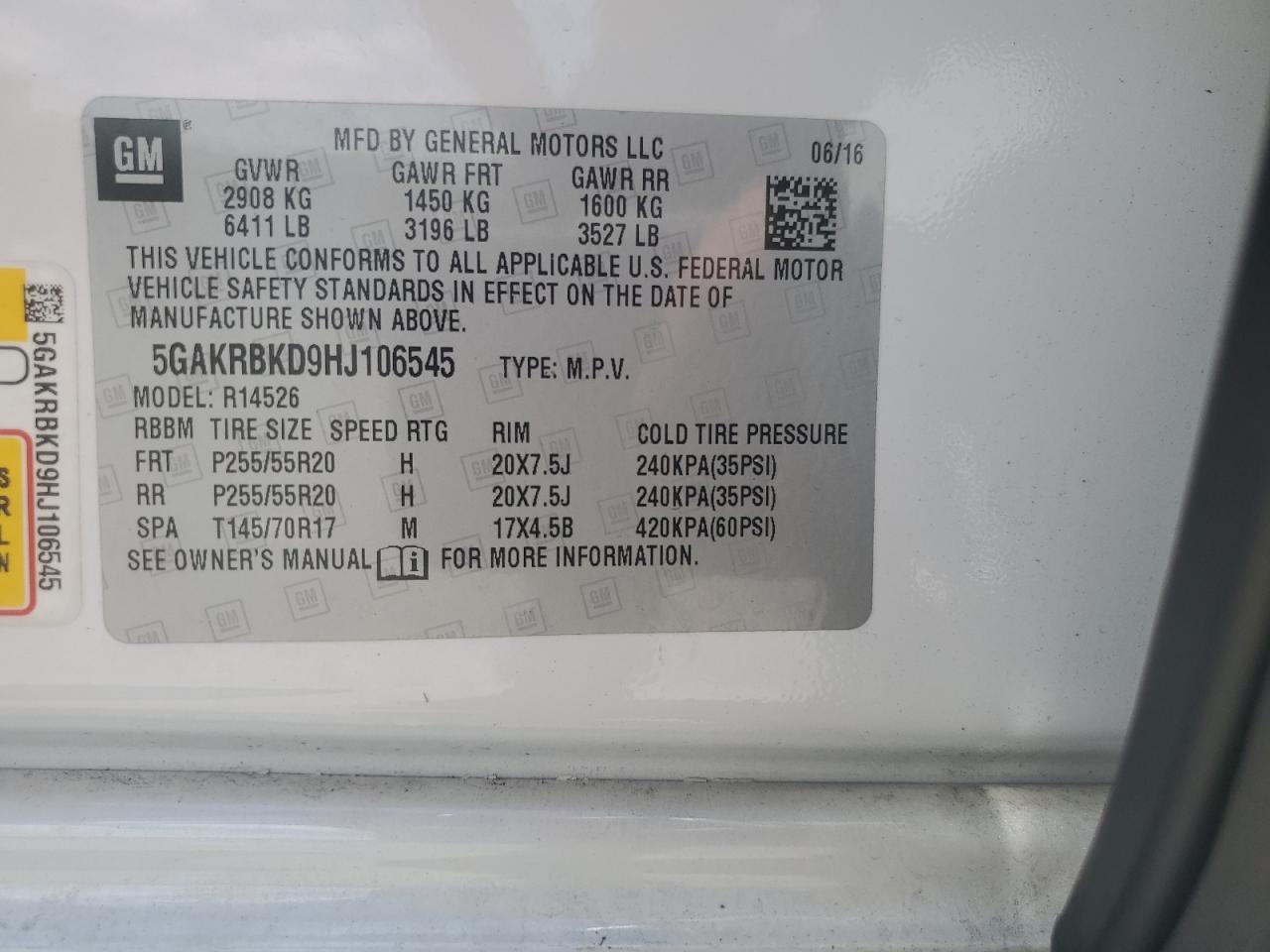 5GAKRBKD9HJ106545 2017 Buick Enclave