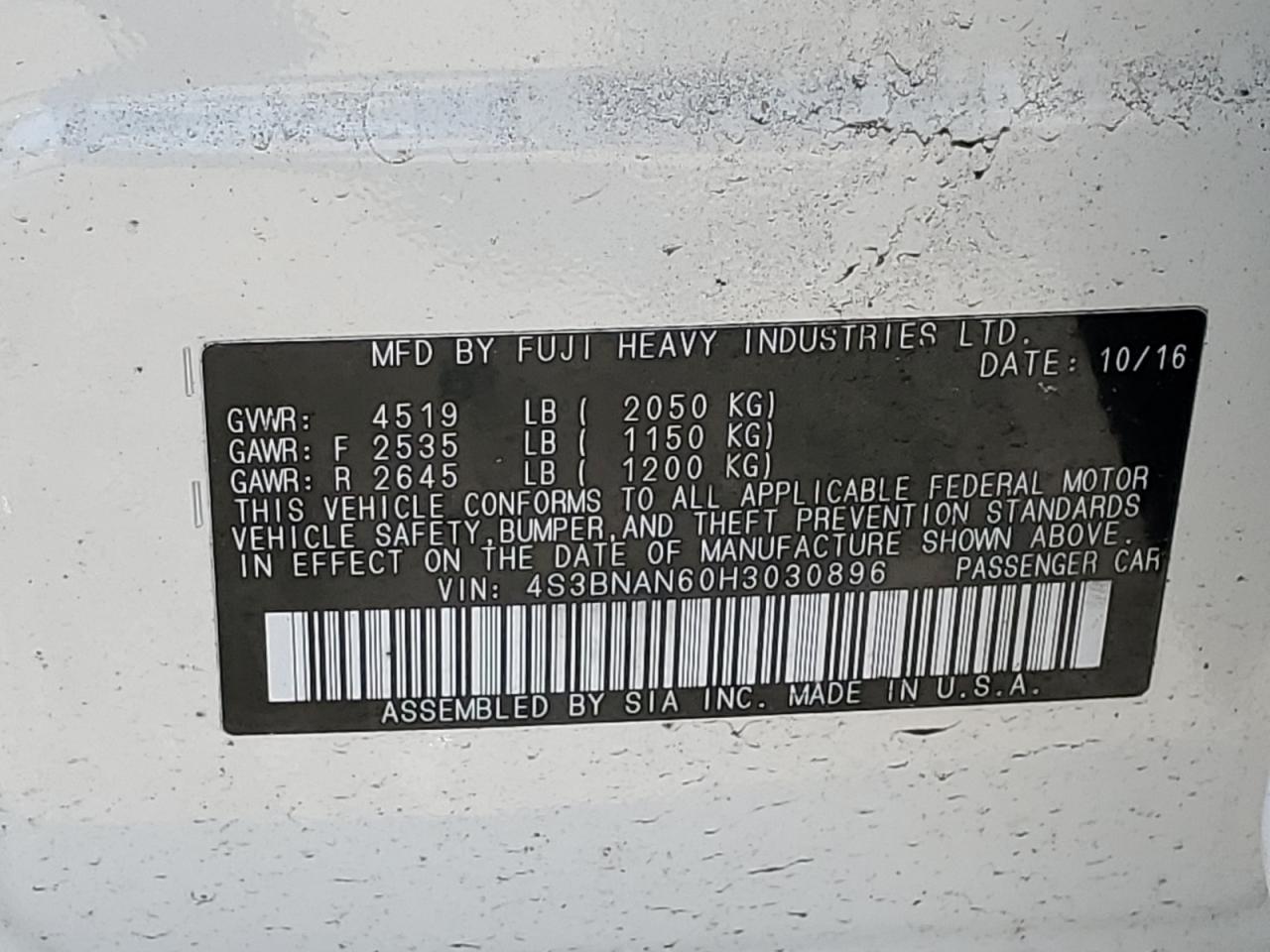 4S3BNAN60H3030896 2017 Subaru Legacy 2.5I Limited