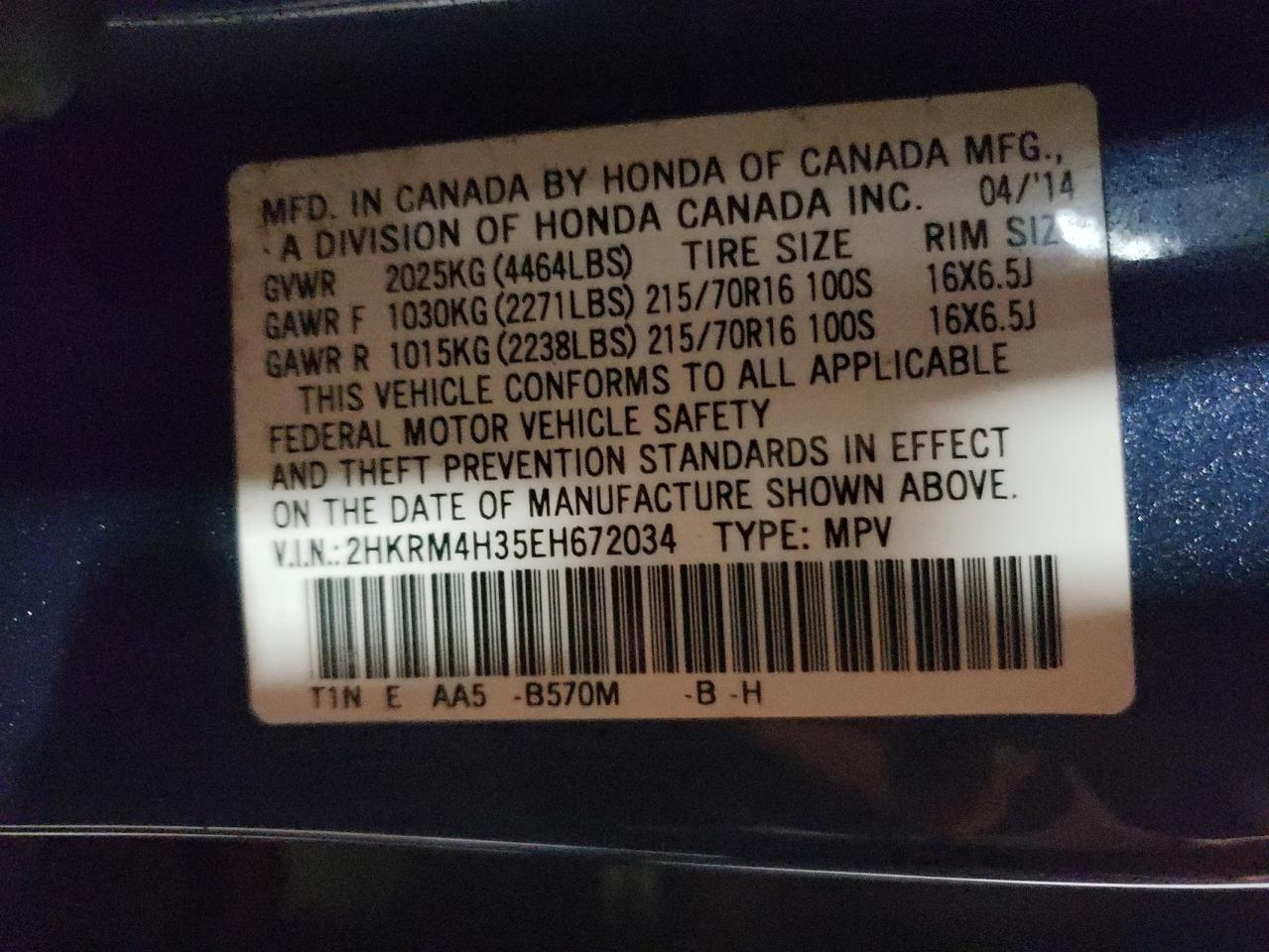 2HKRM4H35EH672034 2014 Honda Cr-V Lx