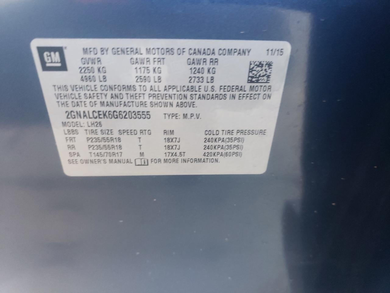 2GNALCEK6G6203555 2016 Chevrolet Equinox Lt