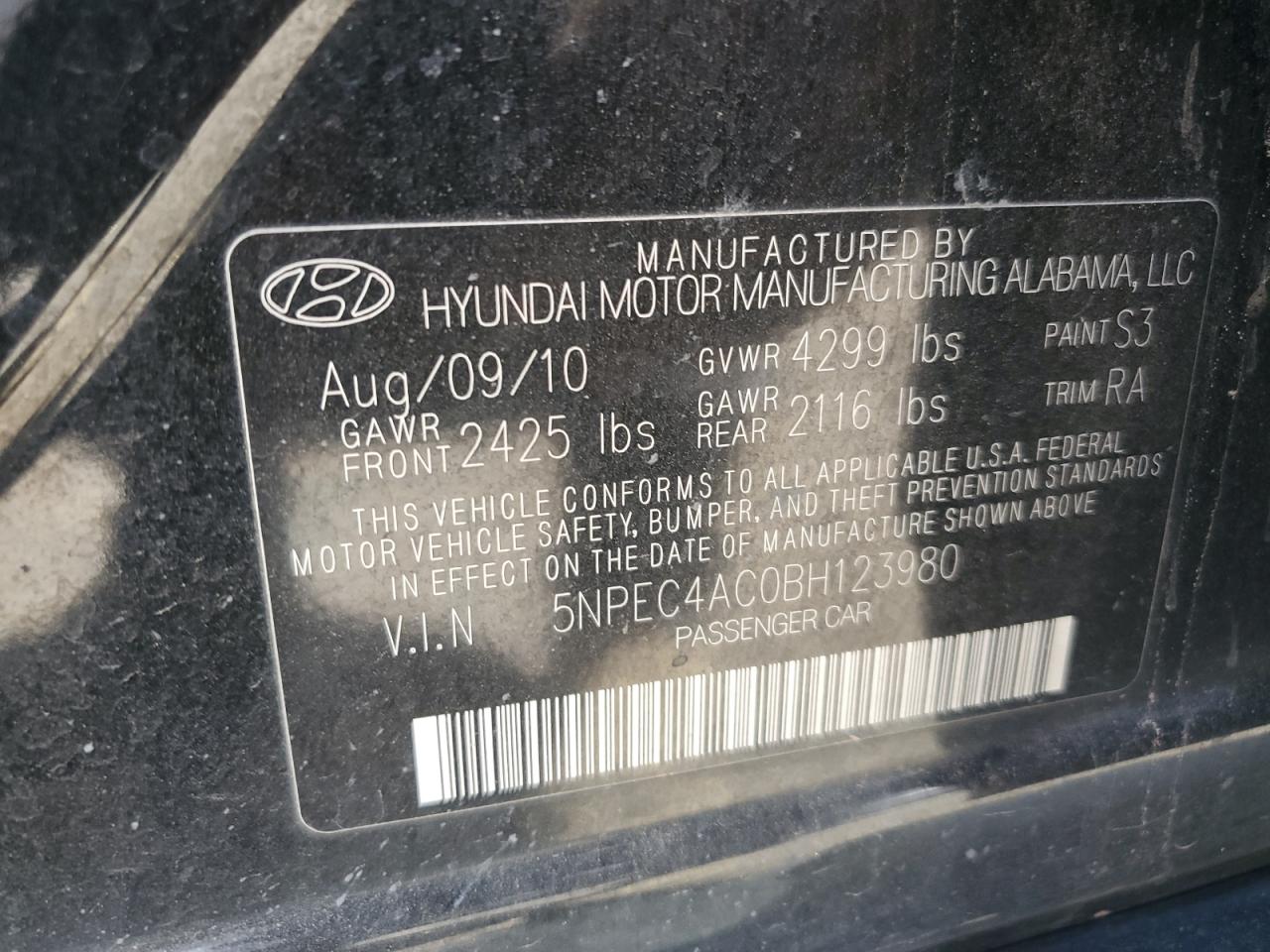 5NPEC4AC0BH123980 2011 Hyundai Sonata Se