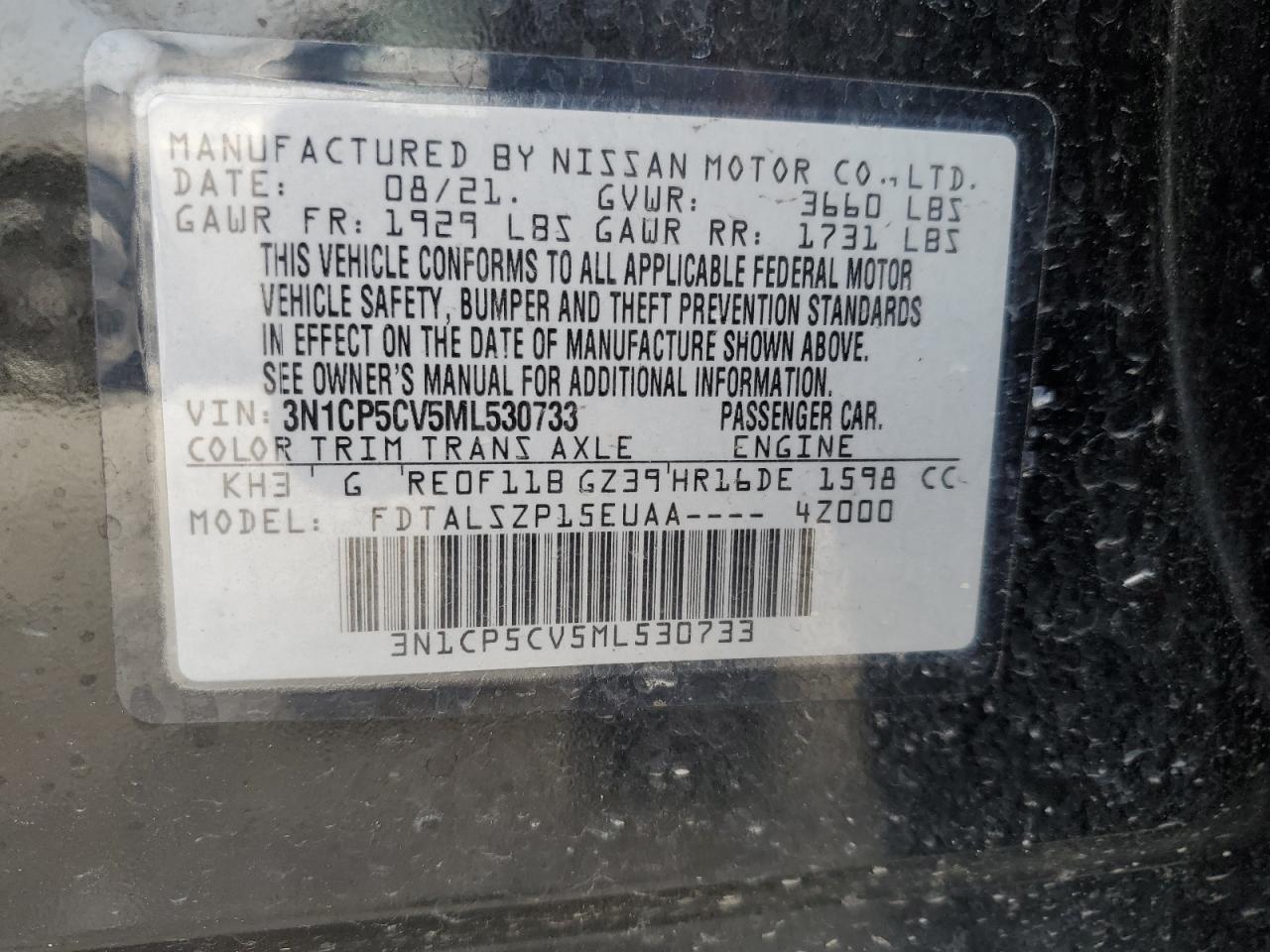 3N1CP5CV5ML530733 2021 Nissan Kicks Sv