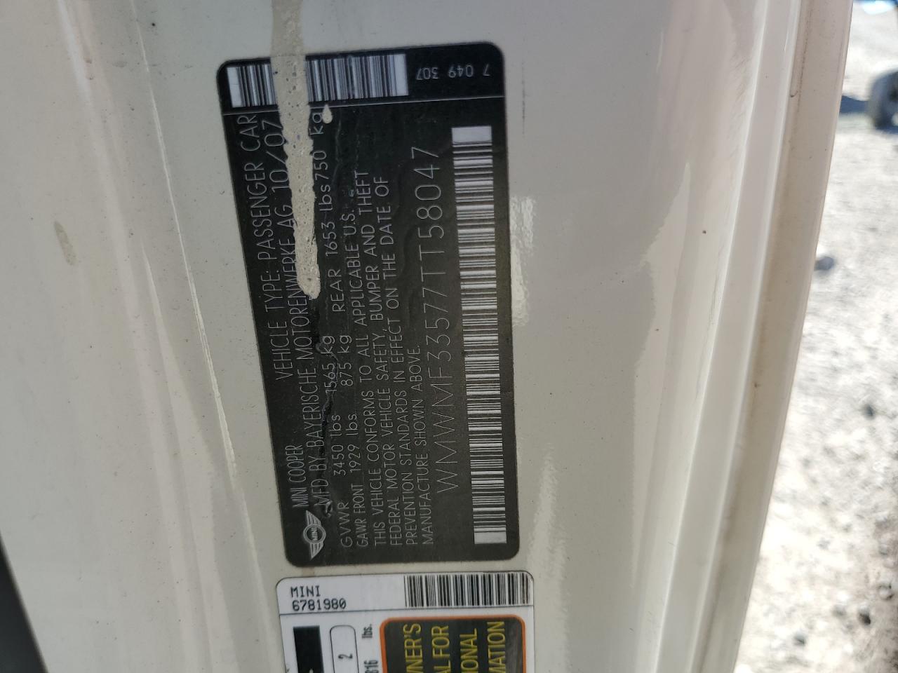 WMWMF33577TT58047 2007 Mini Cooper