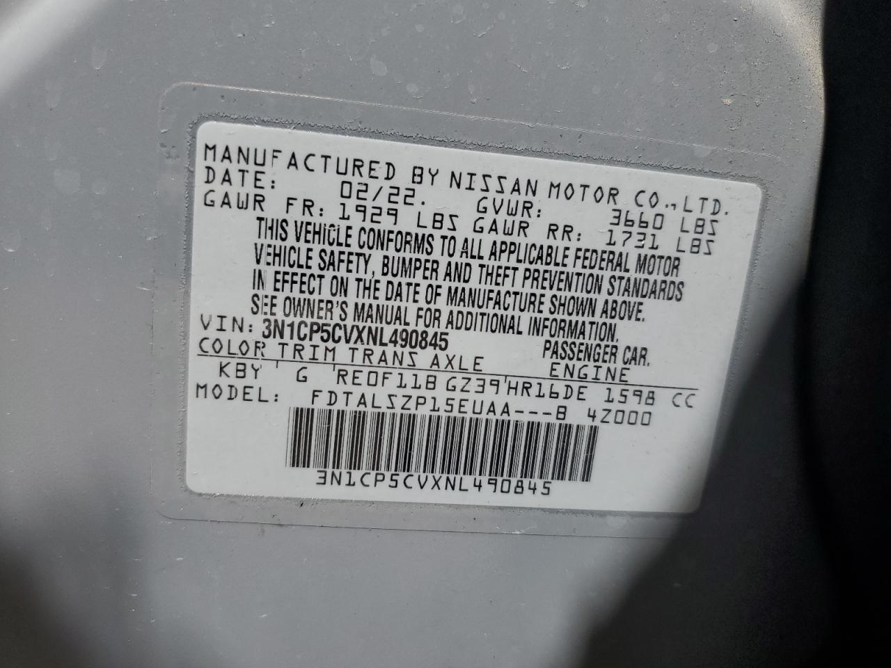 3N1CP5CVXNL490845 2022 Nissan Kicks Sv