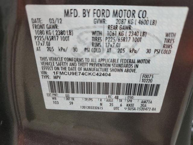 2012 Ford Escape Limited VIN: 1FMCU9E74CKC42404 Lot: 58959654