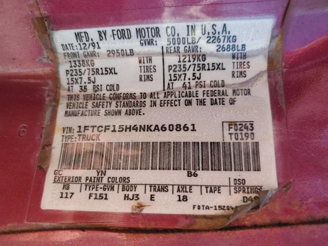 1992 Ford F150 VIN: 1FTCF15H4NKA60861 Lot: 57564144