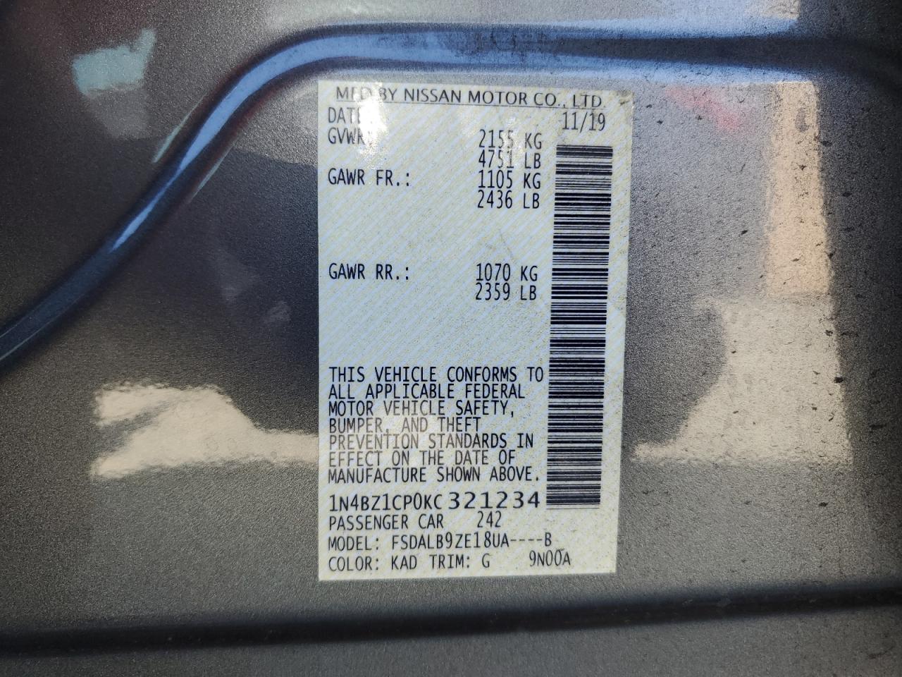 1N4BZ1CP0KC321234 2019 Nissan Leaf S Plus