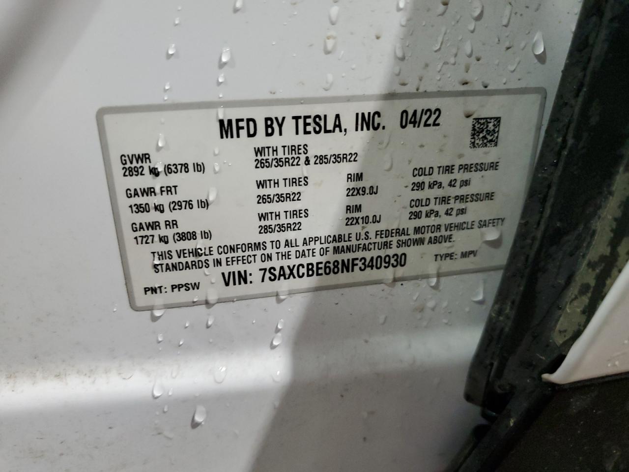 7SAXCBE68NF340930 2022 Tesla Model X