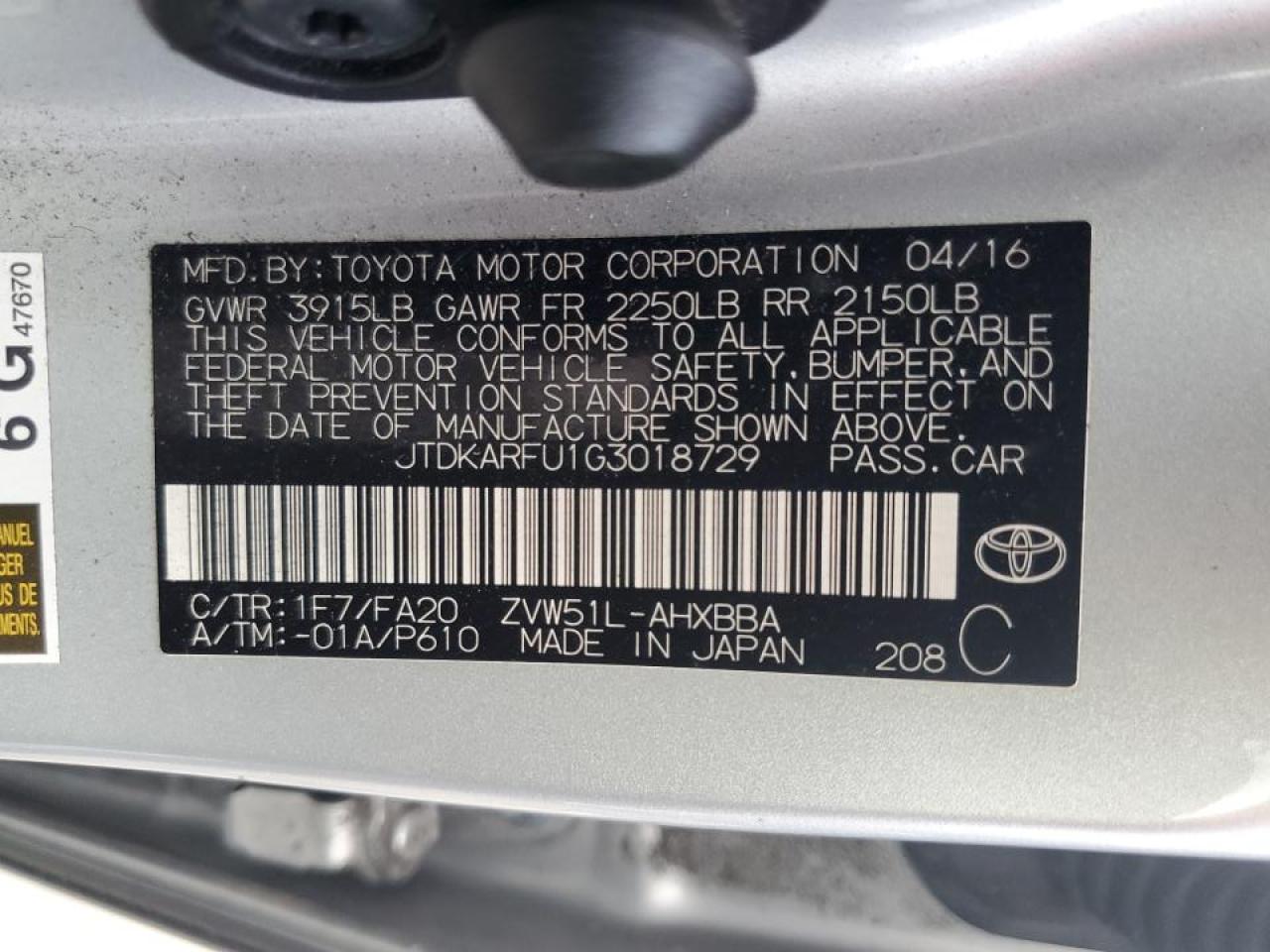JTDKARFU1G3018729 2016 Toyota Prius