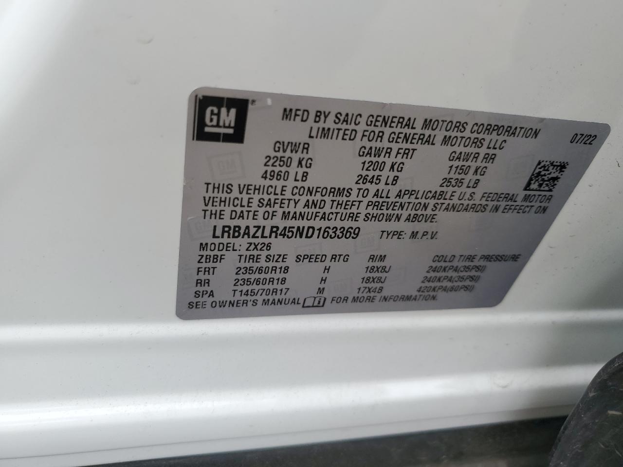 LRBAZLR45ND163369 2022 Buick Envision Preferred