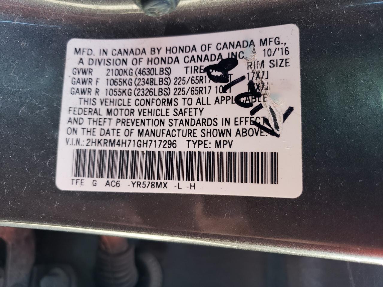 2HKRM4H71GH717296 2016 Honda Cr-V Exl