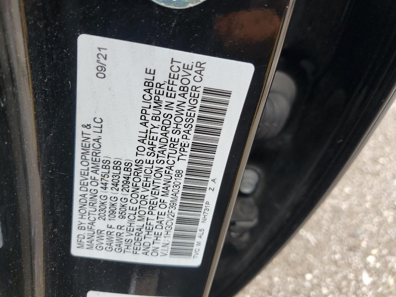 1HGCV2F39MA030188 2021 Honda Accord Sport