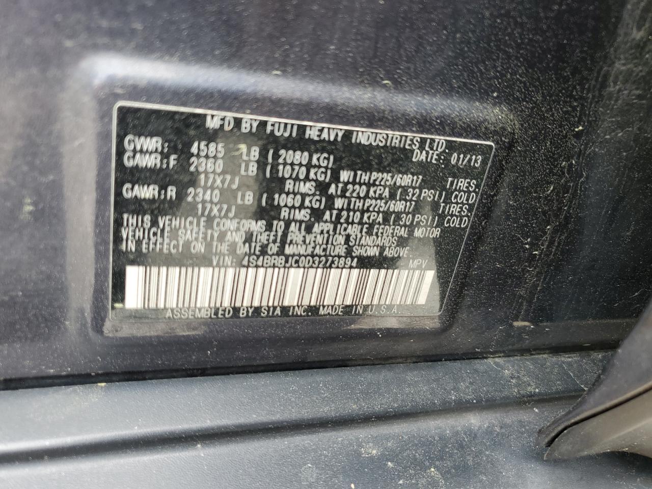 4S4BRBJC0D3273894 2013 Subaru Outback 2.5I Limited