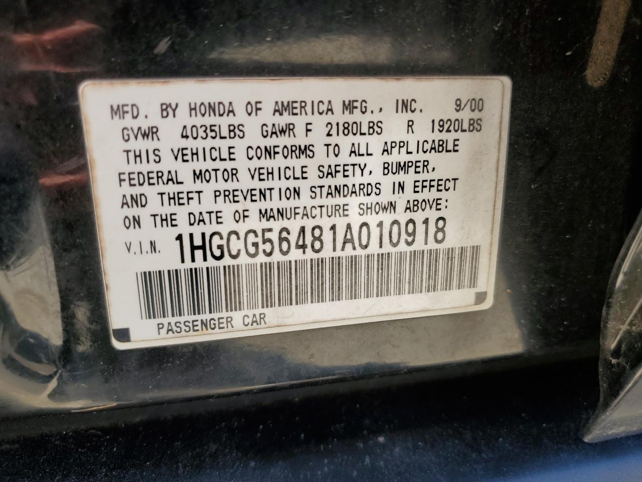 1HGCG56481A010918 2001 Honda Accord Lx