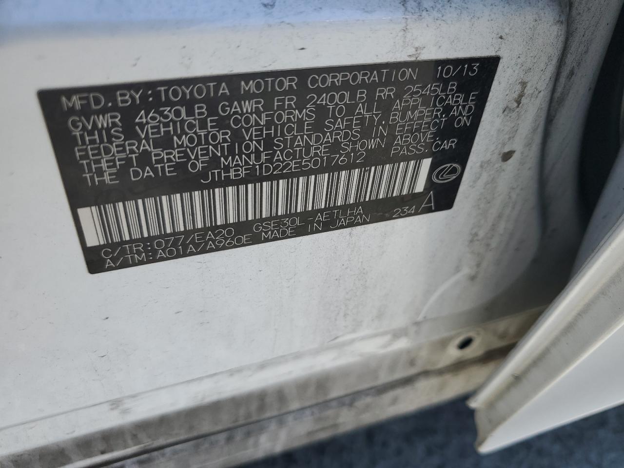 JTHBF1D22E5017612 2014 Lexus Is 250