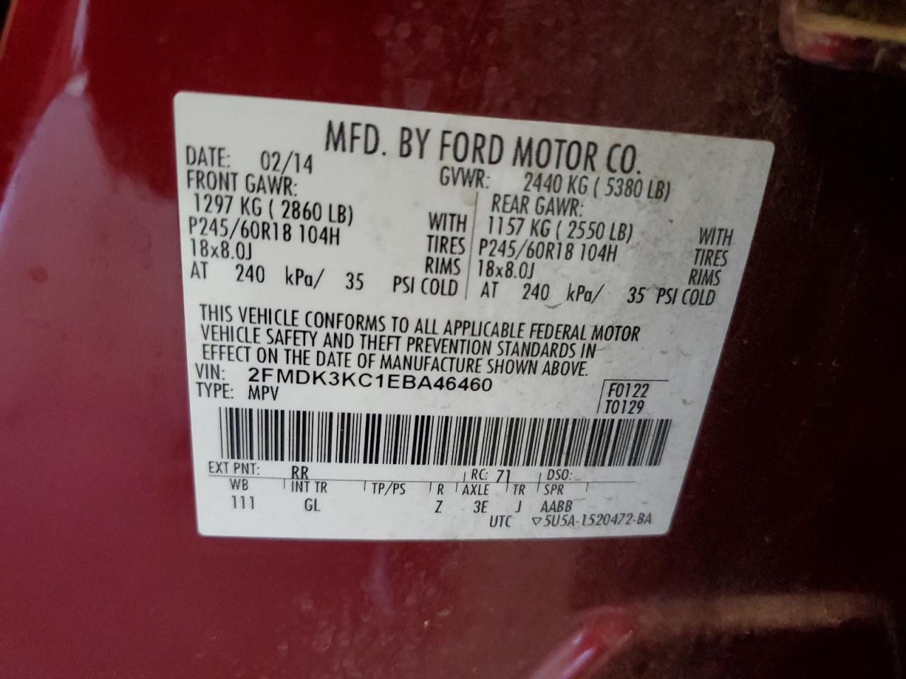 2FMDK3KC1EBA46460 2014 Ford Edge Limited