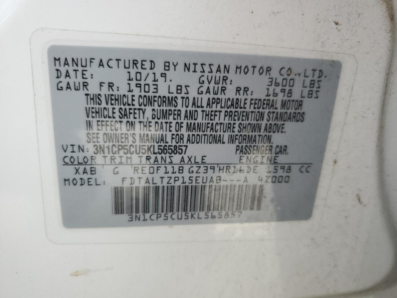 3N1CP5CU5KL565857 2019 Nissan Kicks S