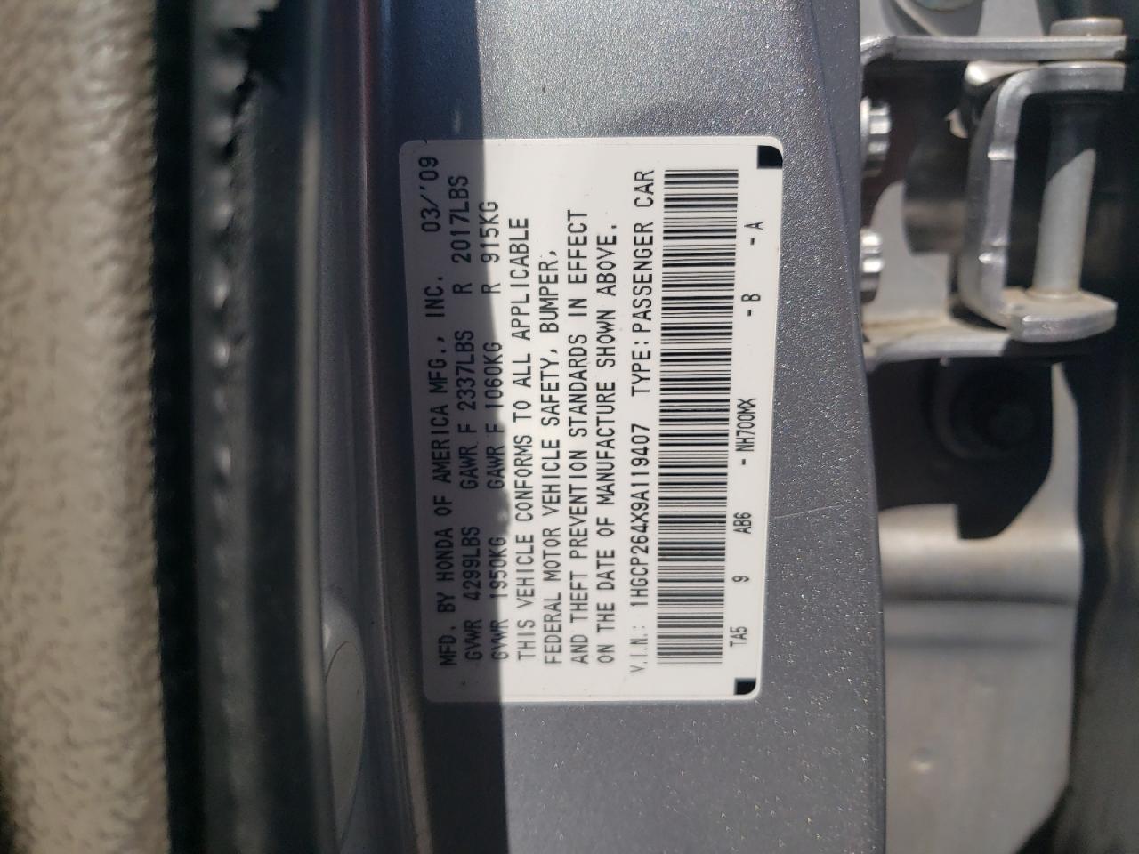 1HGCP264X9A119407 2009 Honda Accord Lxp