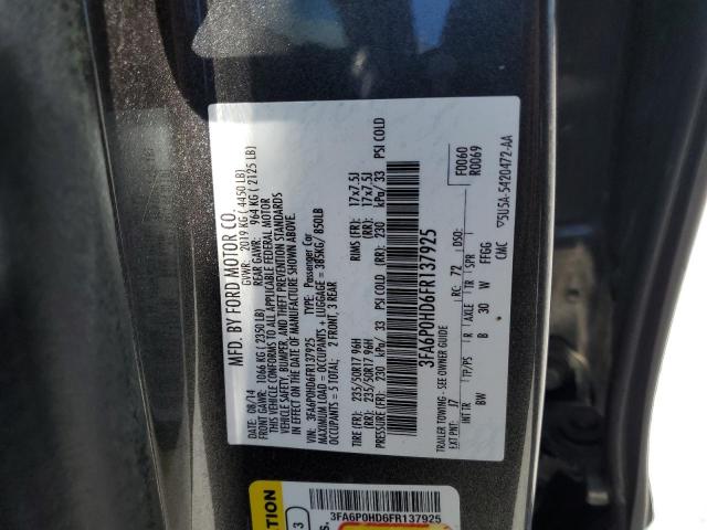 2015 Ford Fusion Se VIN: 3FA6P0HD6FR137925 Lot: 57899214