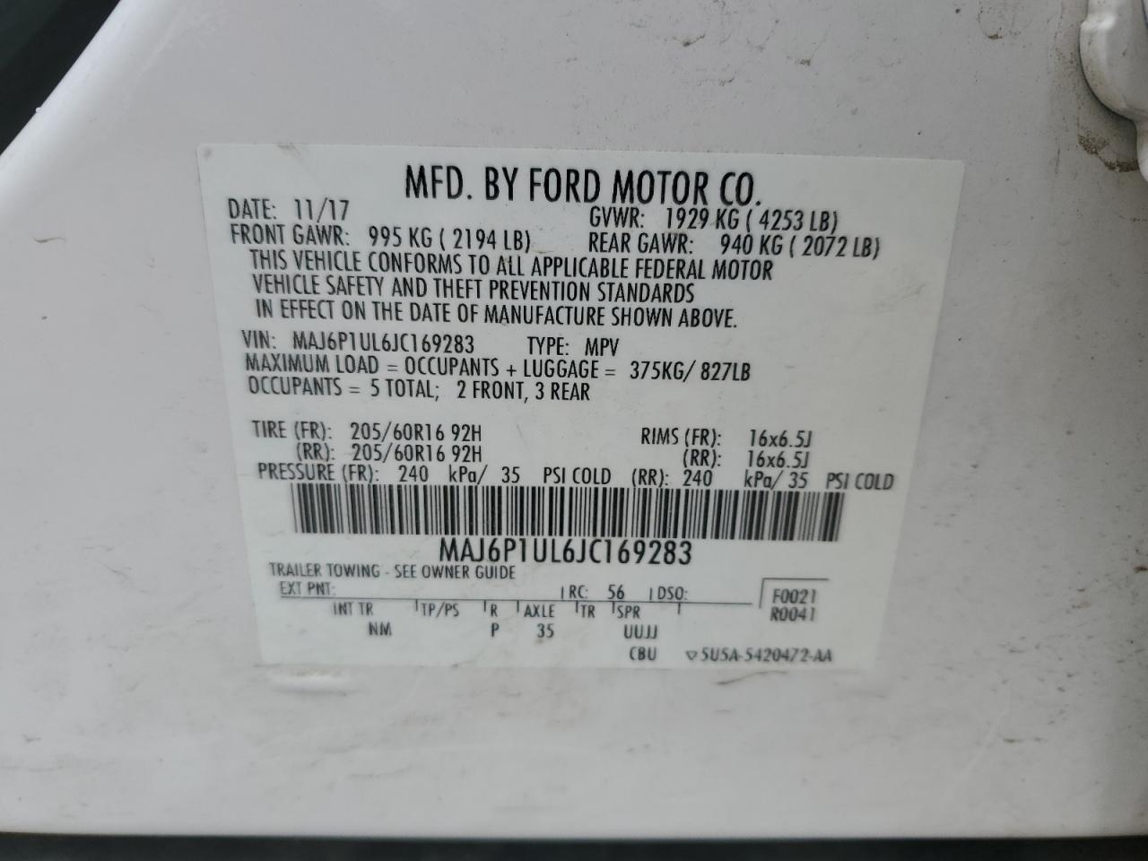 MAJ6P1UL6JC169283 2018 Ford Ecosport Se