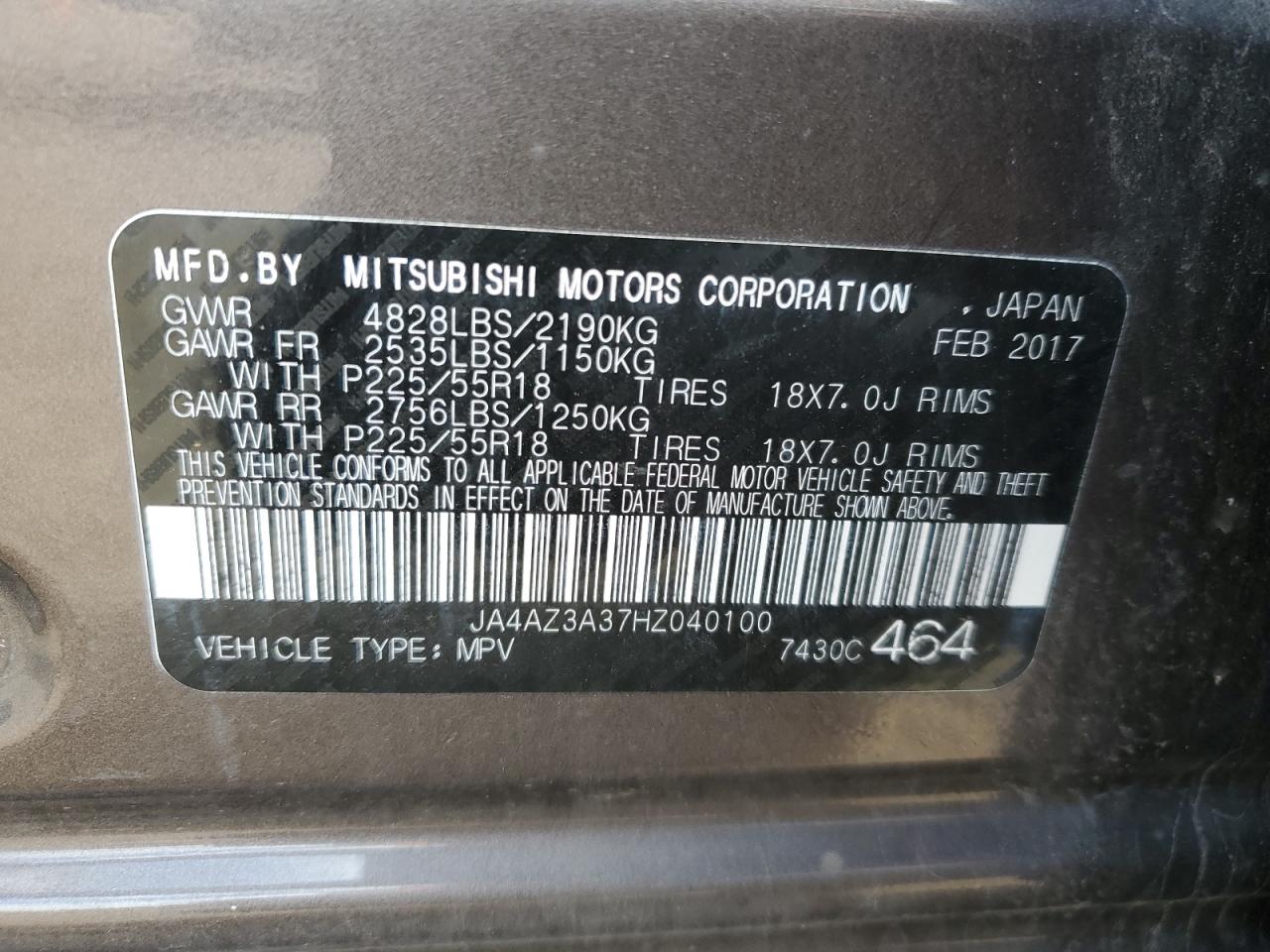 2017 Mitsubishi Outlander Se vin: JA4AZ3A37HZ040100