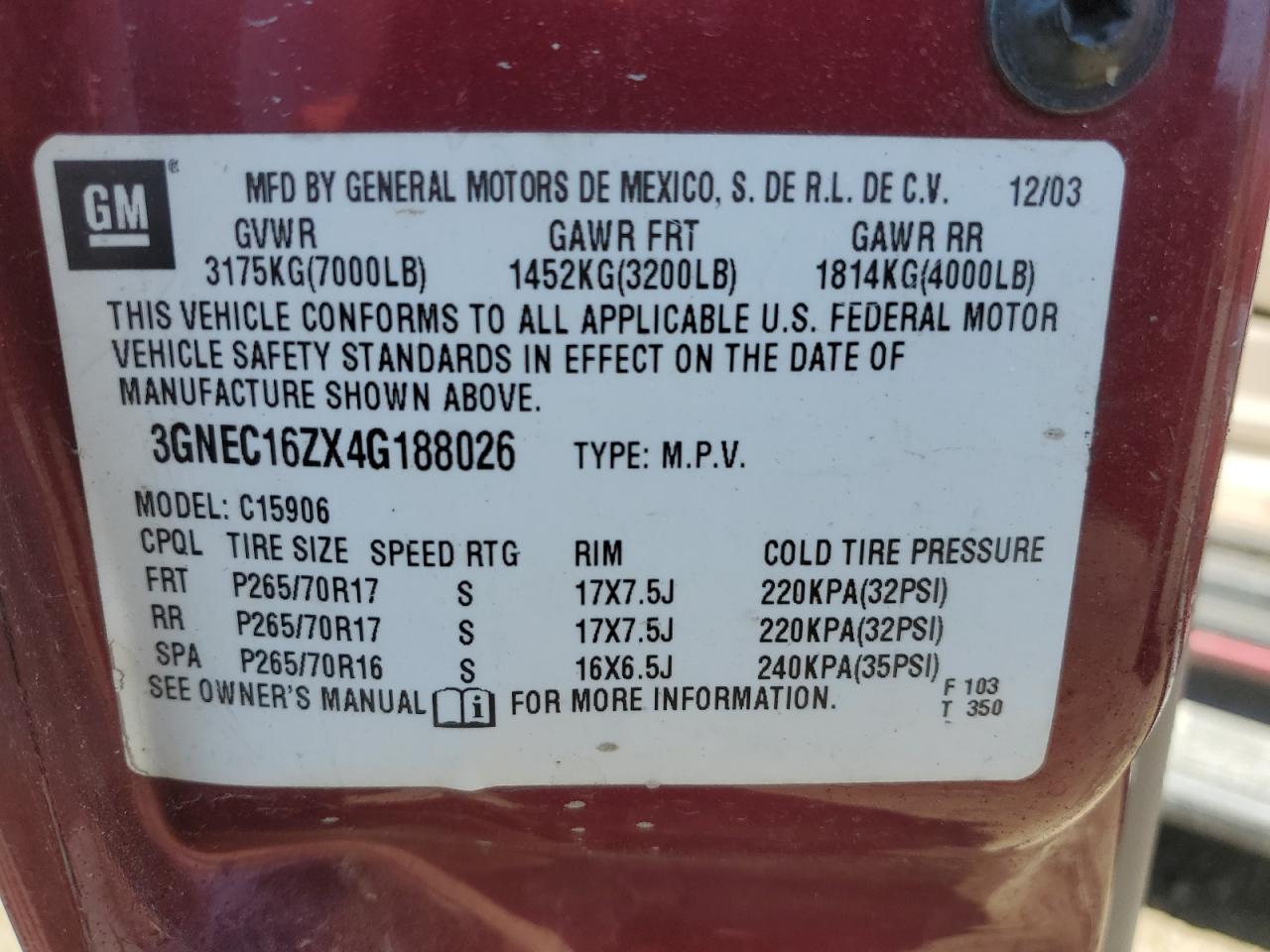 3GNEC16ZX4G188026 2004 Chevrolet Suburban C1500