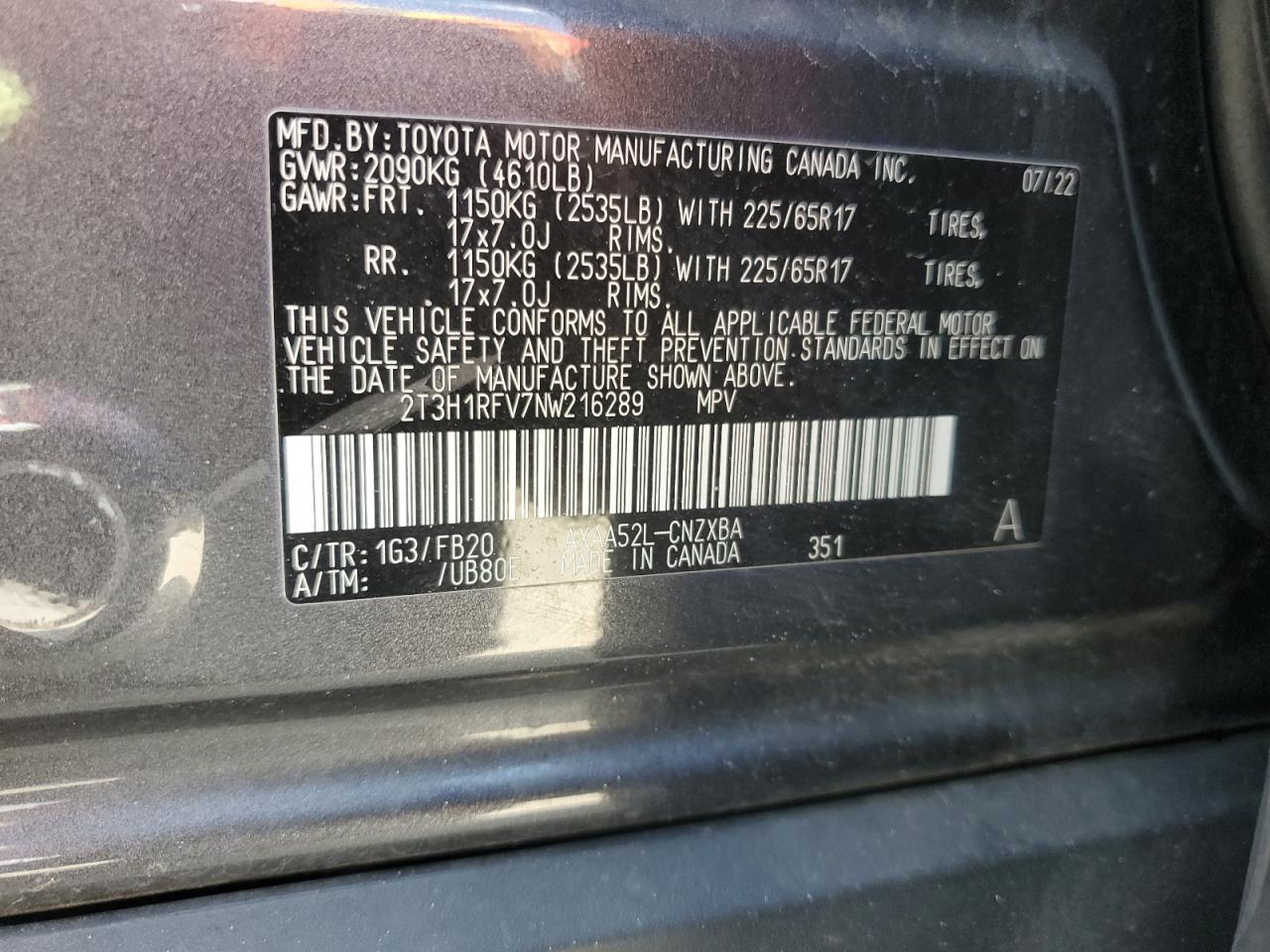 2T3H1RFV7NW216289 2022 Toyota Rav4 Le