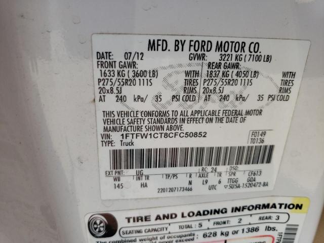 2012 Ford F150 Supercrew VIN: 1FTFW1CT8CFC50852 Lot: 60564824