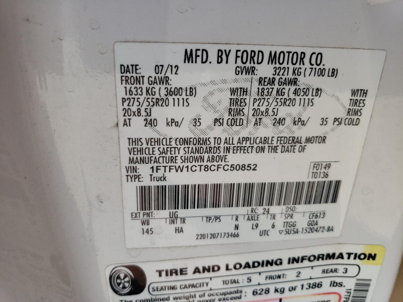 1FTFW1CT8CFC50852 2012 Ford F150 Supercrew