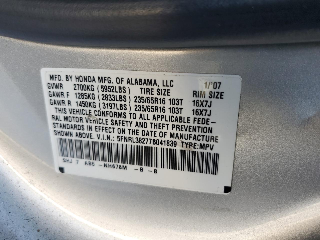 5FNRL38277B041839 2007 Honda Odyssey Lx