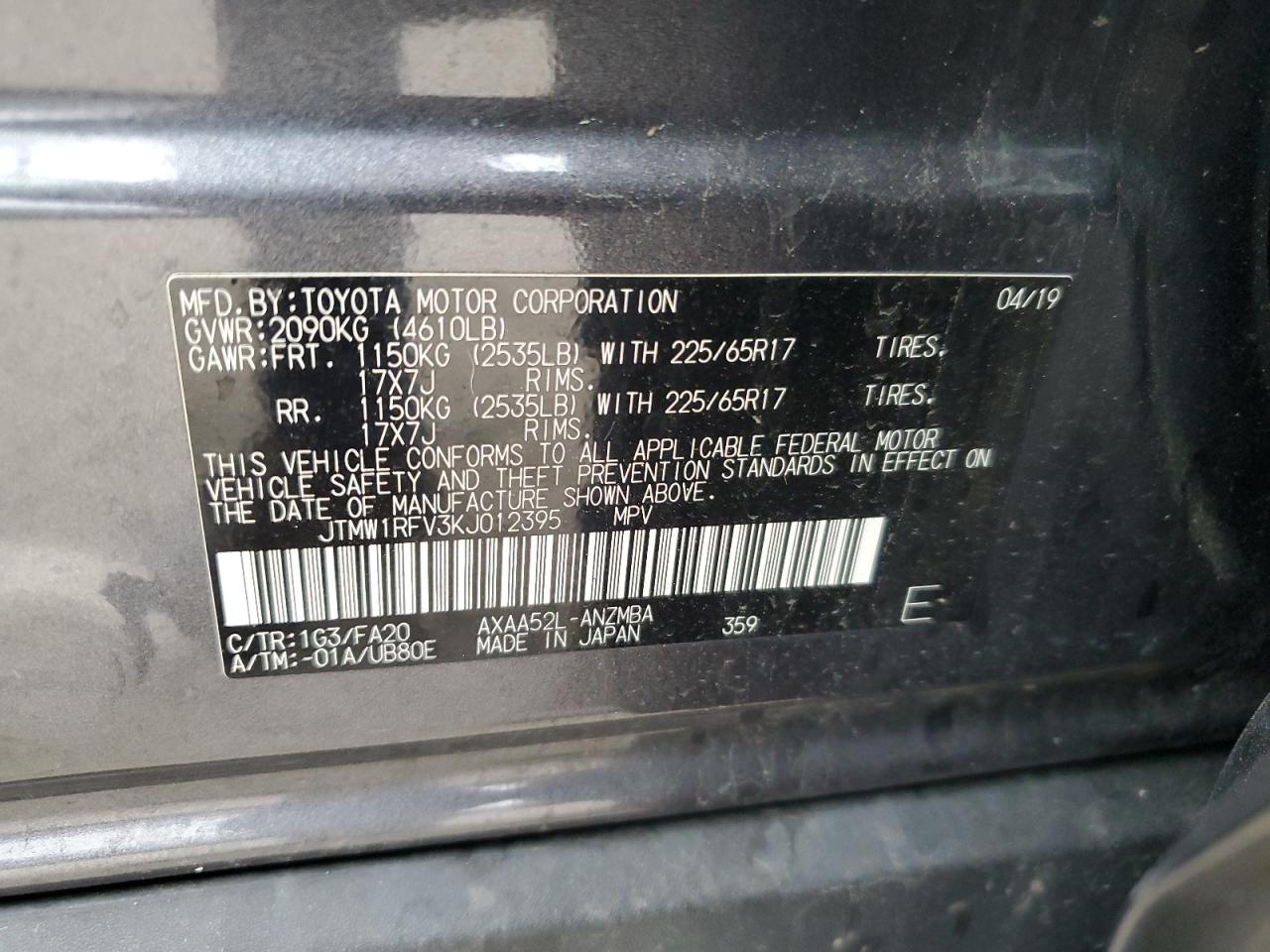 JTMW1RFV3KJ012395 2019 Toyota Rav4 Xle