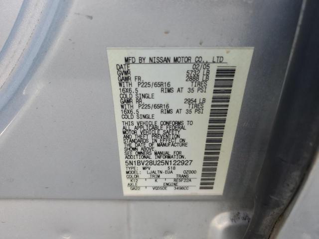 2005 Nissan Quest S VIN: 5N1BV28U25N122927 Lot: 58442574