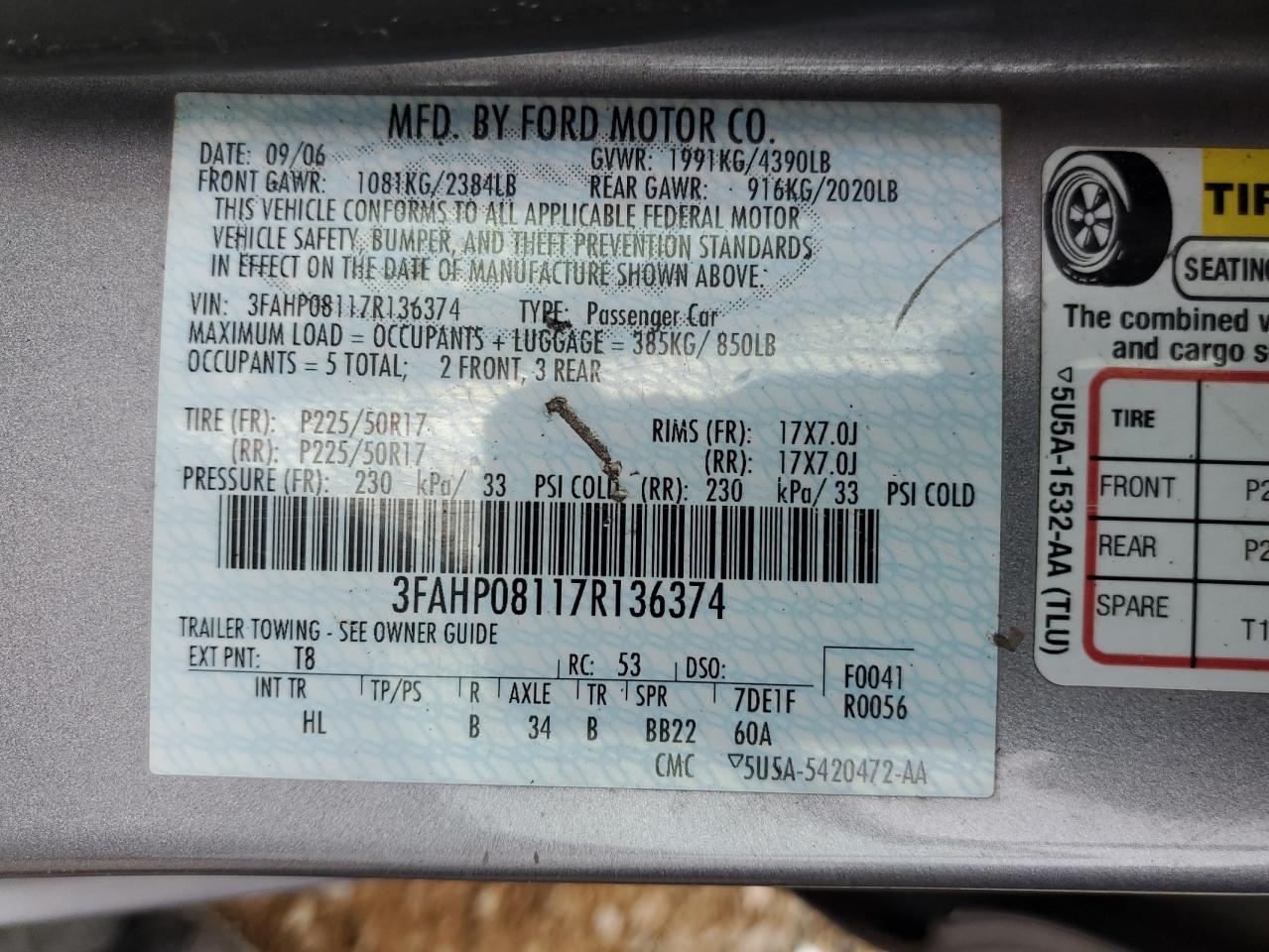 3FAHP08117R136374 2007 Ford Fusion Sel