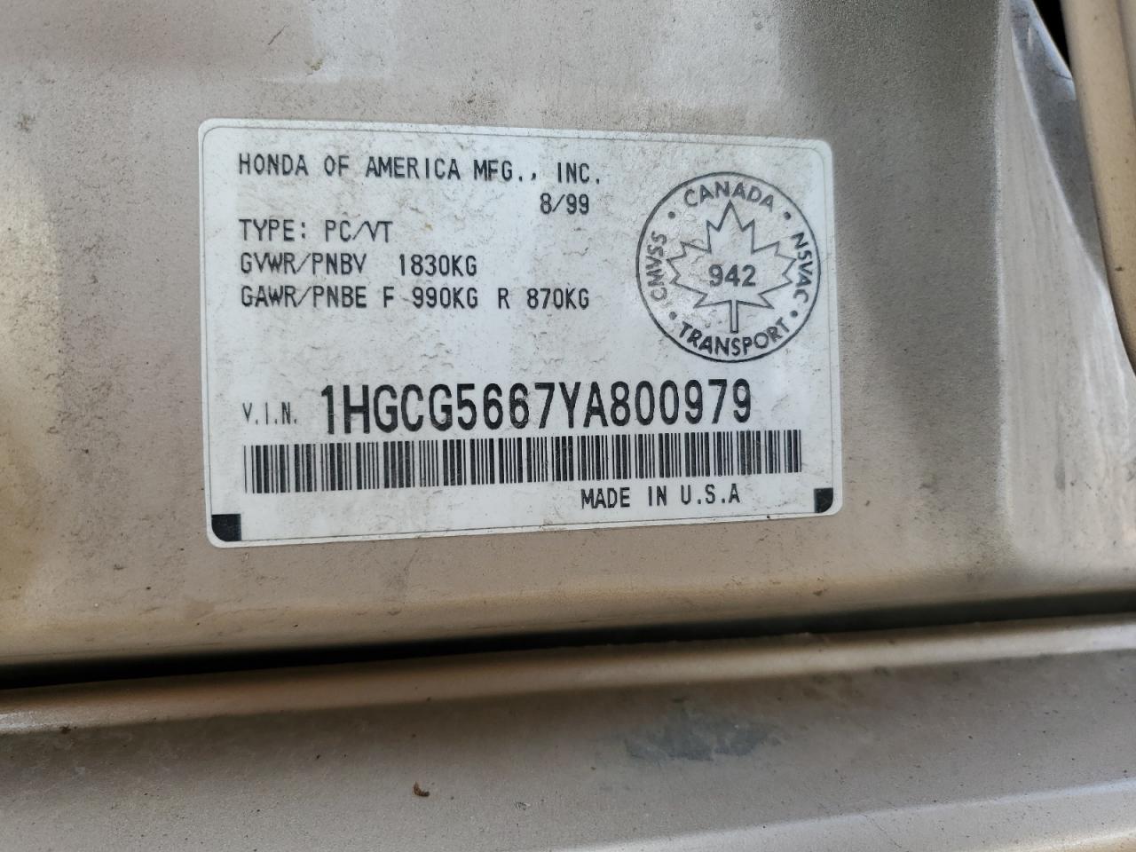 1HGCG5667YA800979 2000 Honda Accord Ex