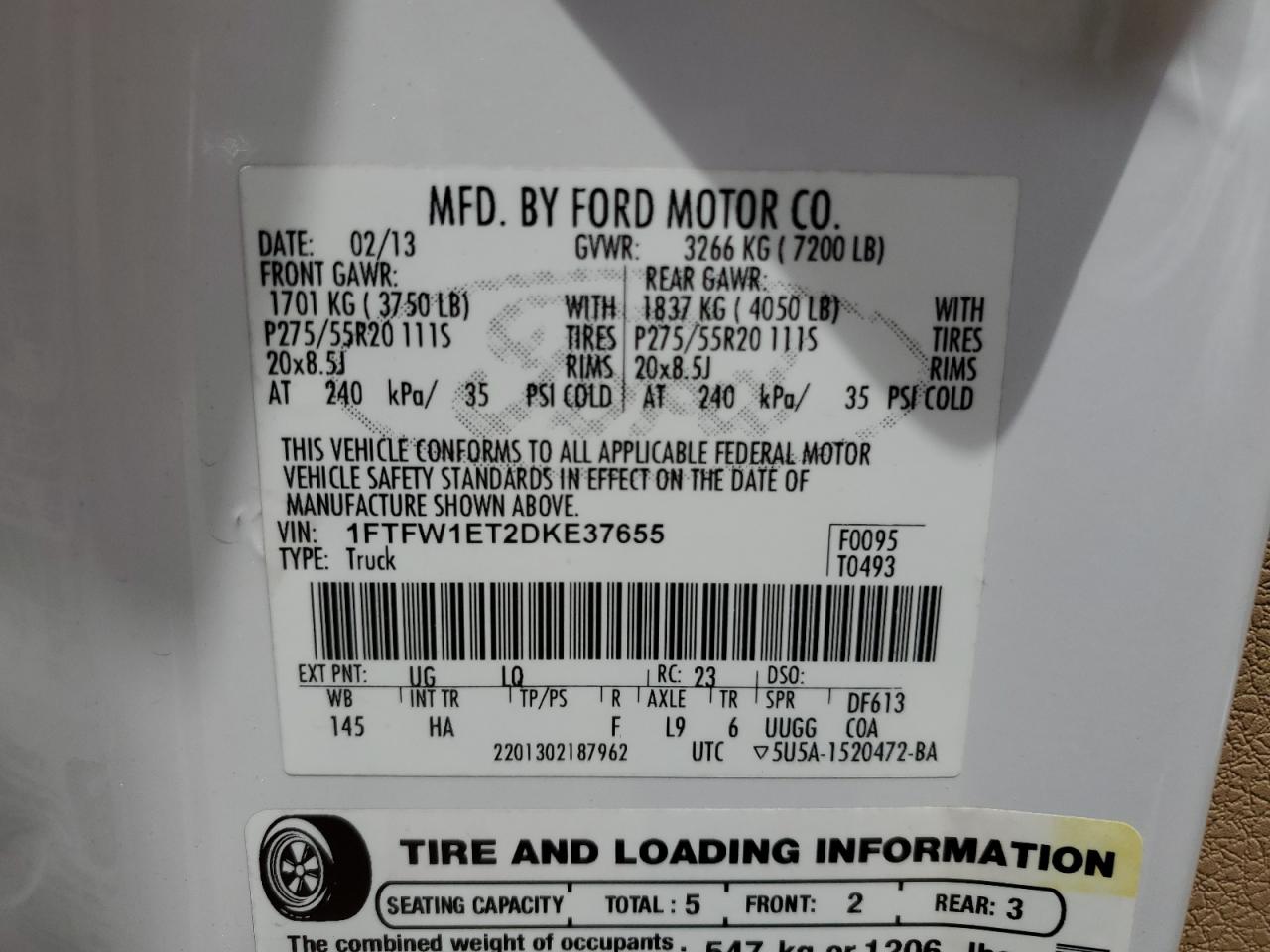 1FTFW1ET2DKE37655 2013 Ford F150 Supercrew