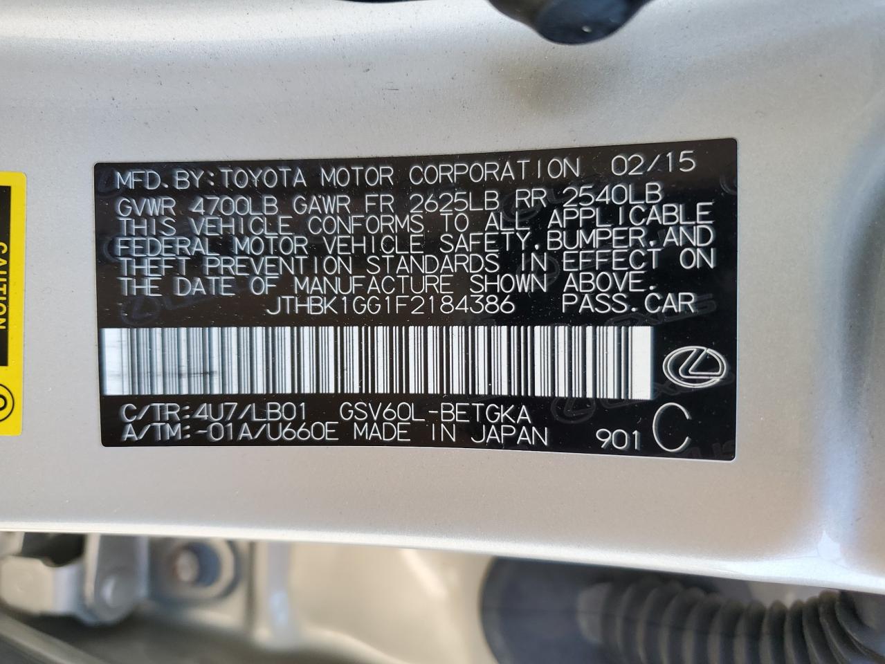 JTHBK1GG1F2184386 2015 Lexus Es 350